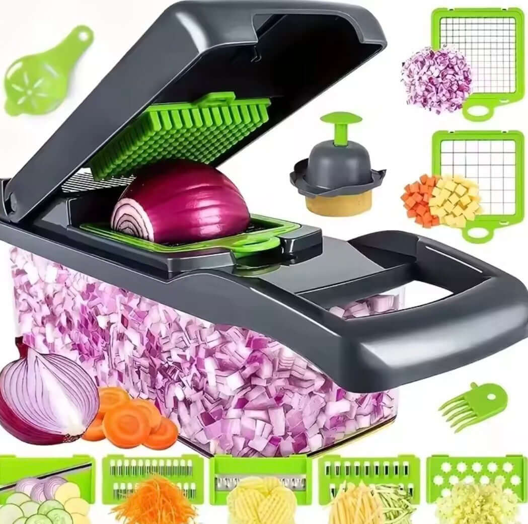 High-quality food chopper with purple onion, colorful vegetables, and cutting tools for easy meal preparation.