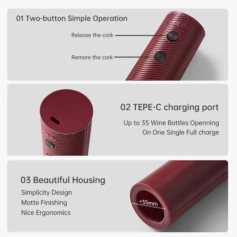 Electric wine bottle opener in use, effortlessly removing cork in 6 seconds, ideal for various bottle types.