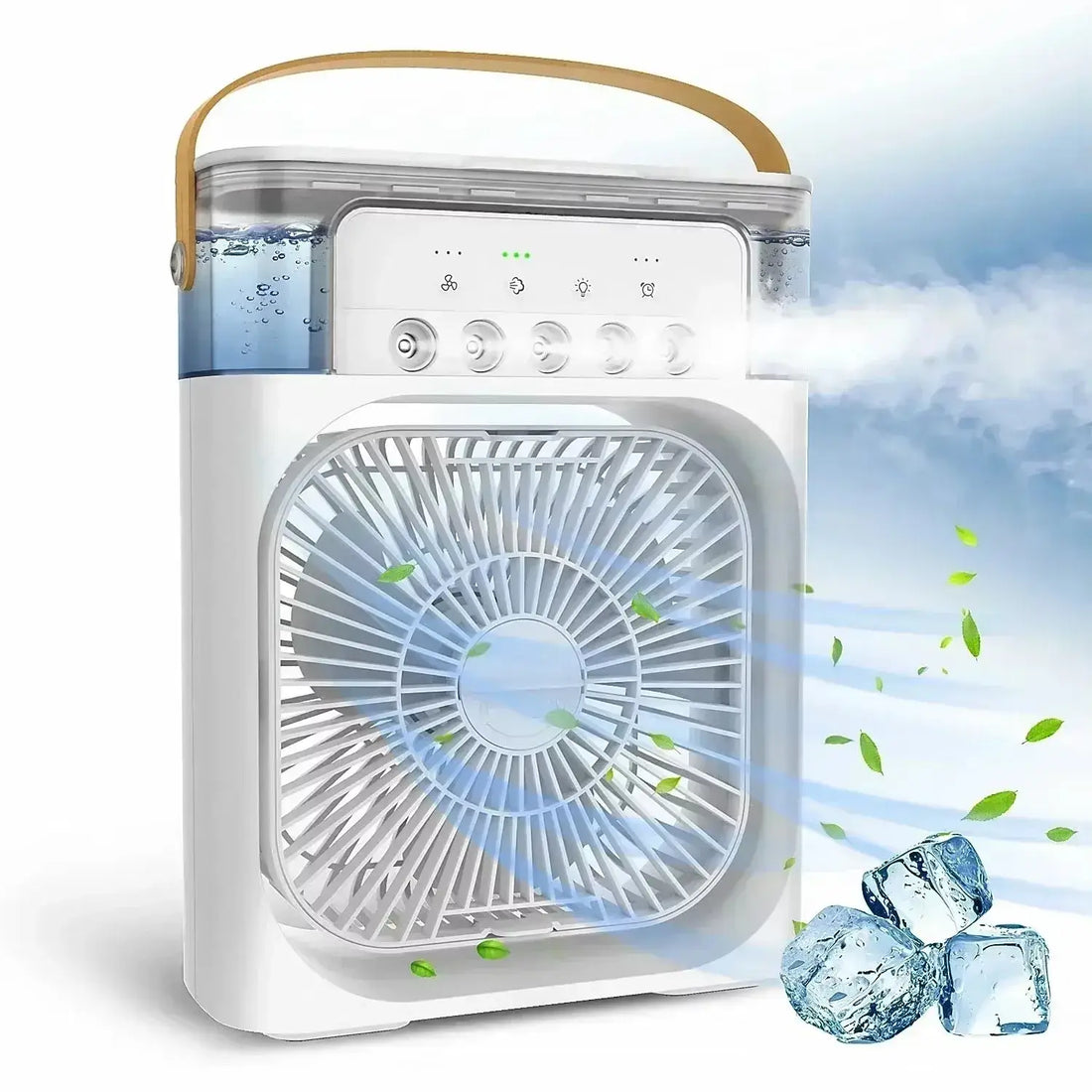 Portable three-in-one air cooler with USB power, fan, and LED night light. Ideal for cooling home spaces.