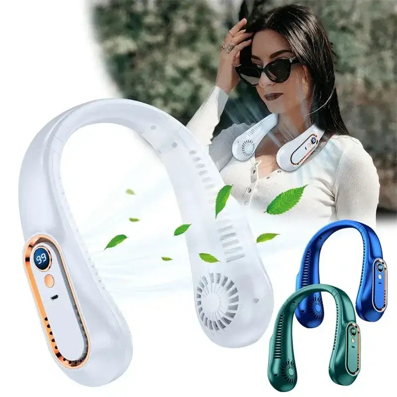 YUKANG Mini Neck Bladeless Fan with digital display, suitable for personal use, available in white, blue, and green.