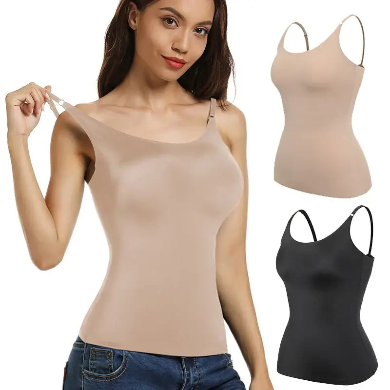 Women wearing tummy control shapewear tops in beige and black, showcasing sleek body shape and comfort.
