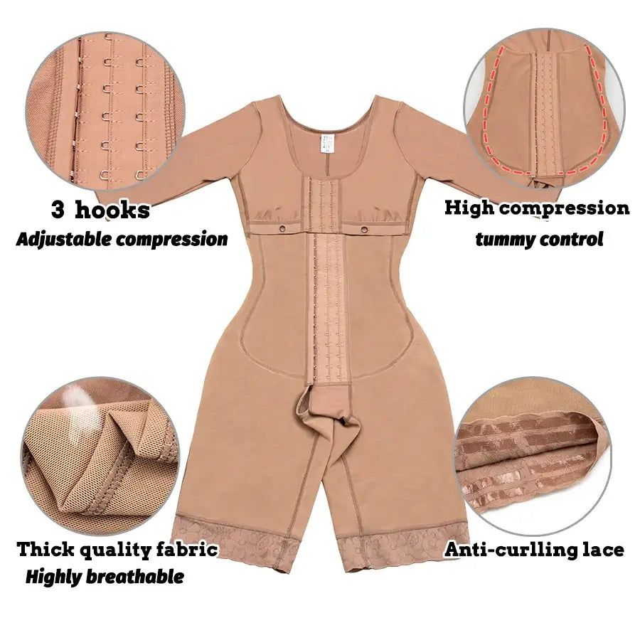 Full body Colombian girdles shaper bodysuits in black and nude colors on models, ideal for postoperative and postpartum wear.