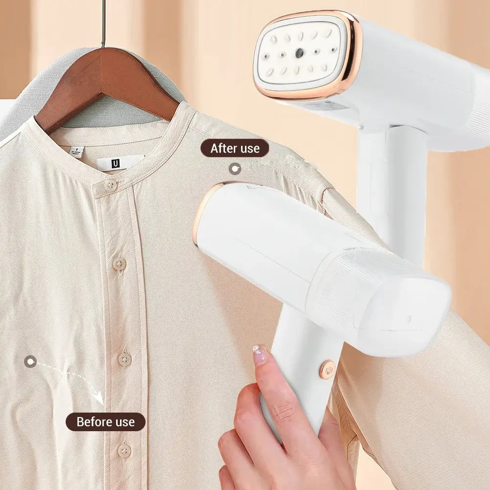 Handheld fabric steamer in use, showing before and after results on a garment, demonstrating fast heat and effectiveness.