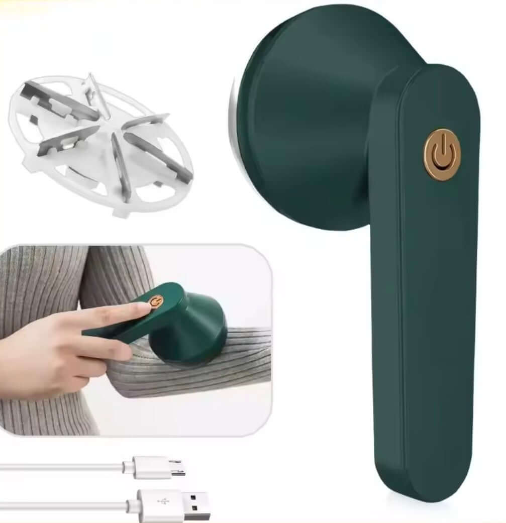 Electric lint remover in green design, eco-friendly, USB charging, ideal for cleaning clothes and woolen fabrics.