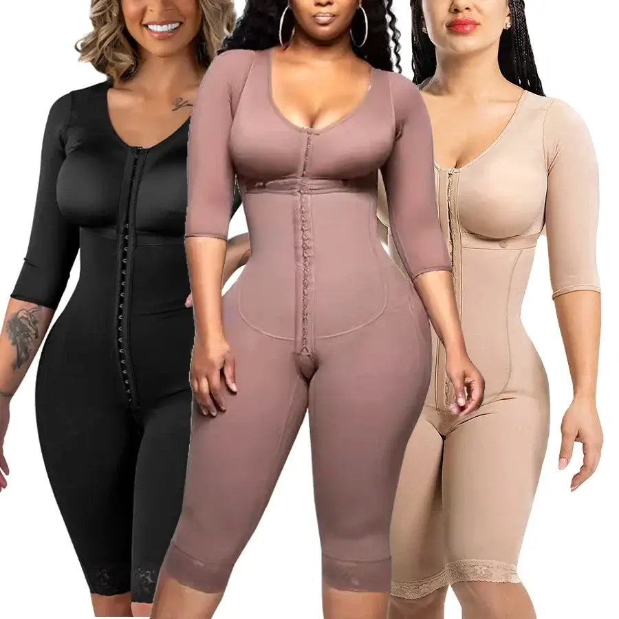 Full body Colombian girdles shaper bodysuits in black and nude colors on models, ideal for postoperative and postpartum wear.